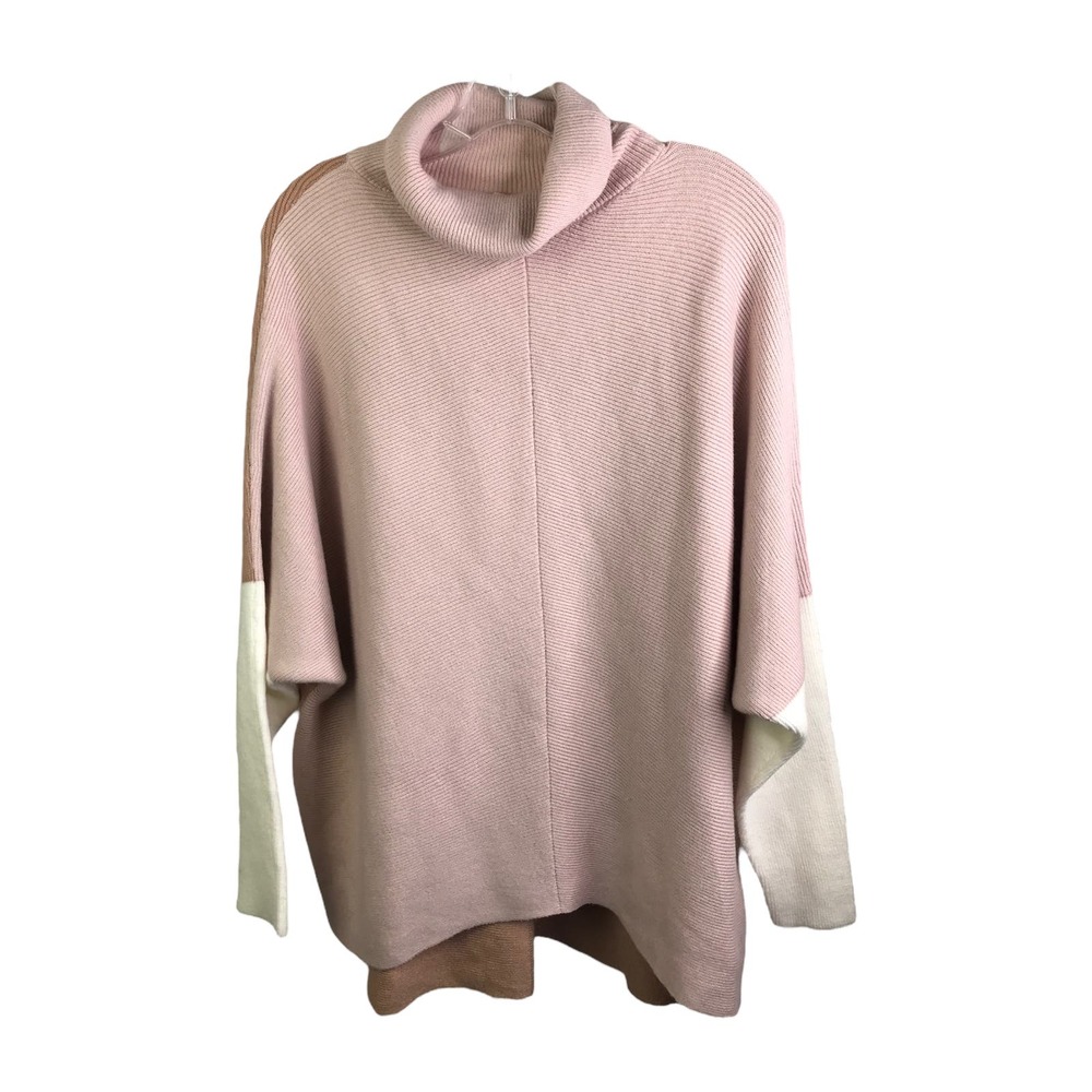 Women's Pullover‎ Oversized Sweater BohoTurtle Neck Pink Ribbed Long Sleeve S